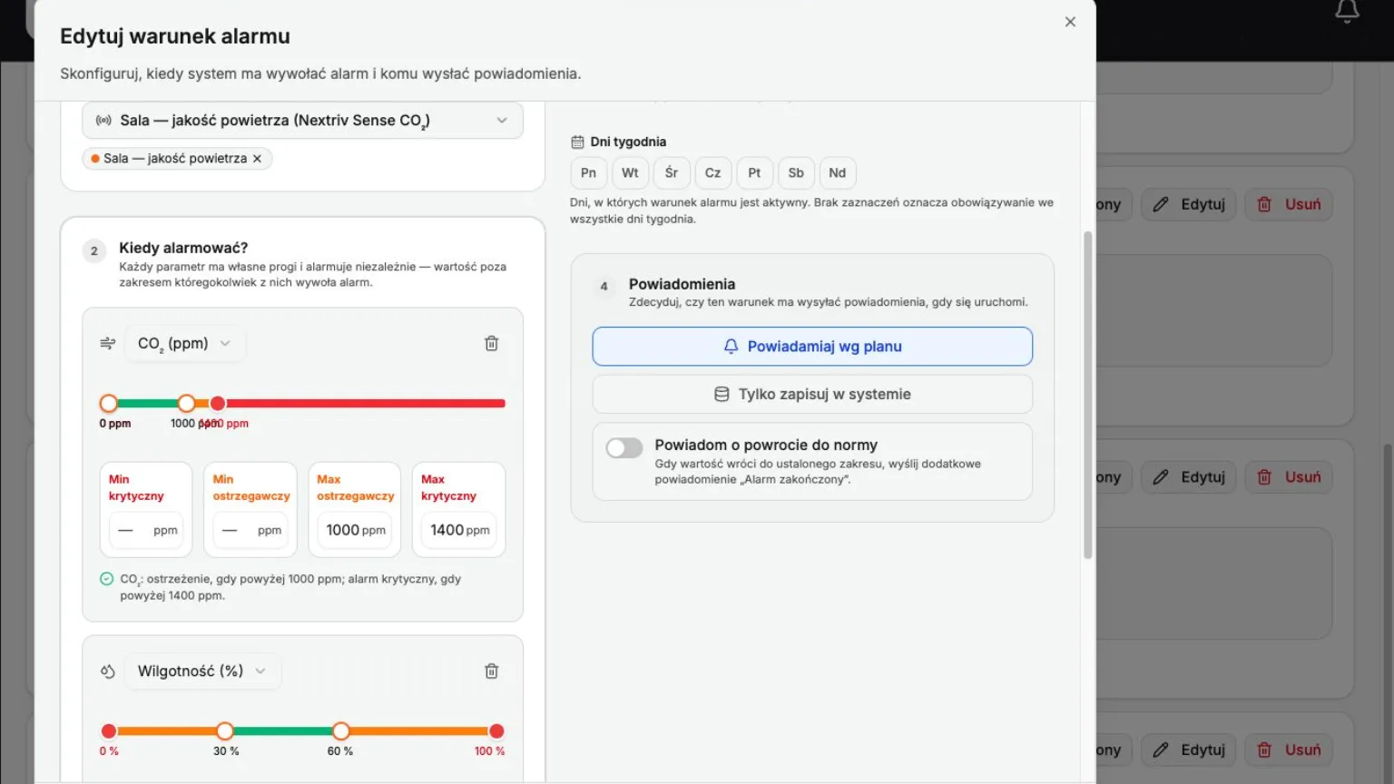Konfiguracja progów alarmowych dla CO₂ w aplikacji Nextriv