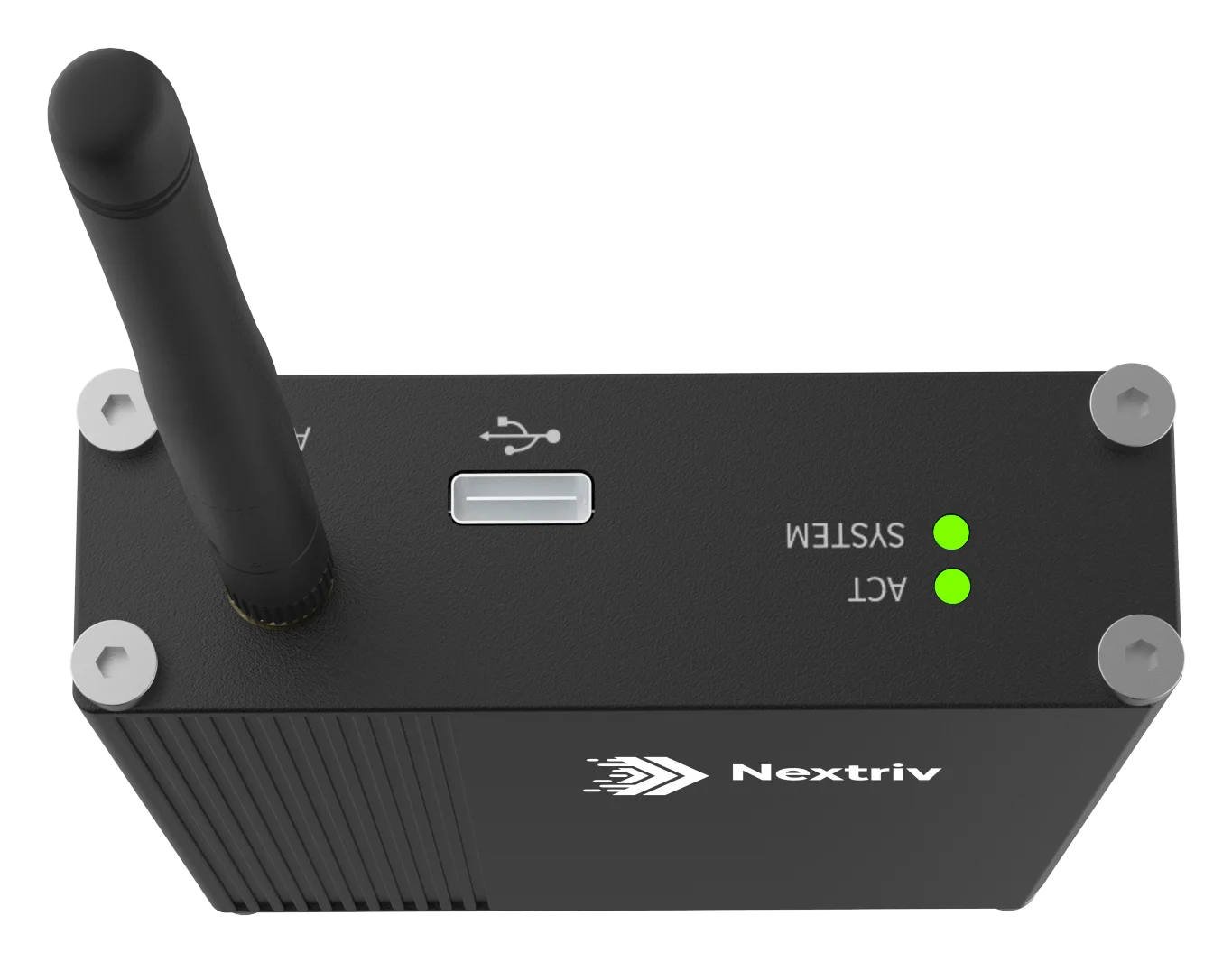 Moduł Nextriv Control Industrial pod kątem — przemysłowa obudowa z anteną, portem USB i diodami stanu