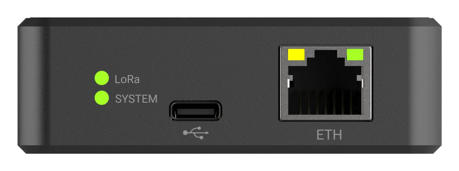 Panel przyłączy bramki Nextriv Hub Compact — port Ethernet, port serwisowy USB i diody stanu