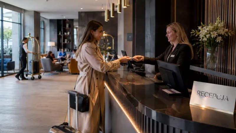 Wnętrze hotelu — recepcja i strefa gości