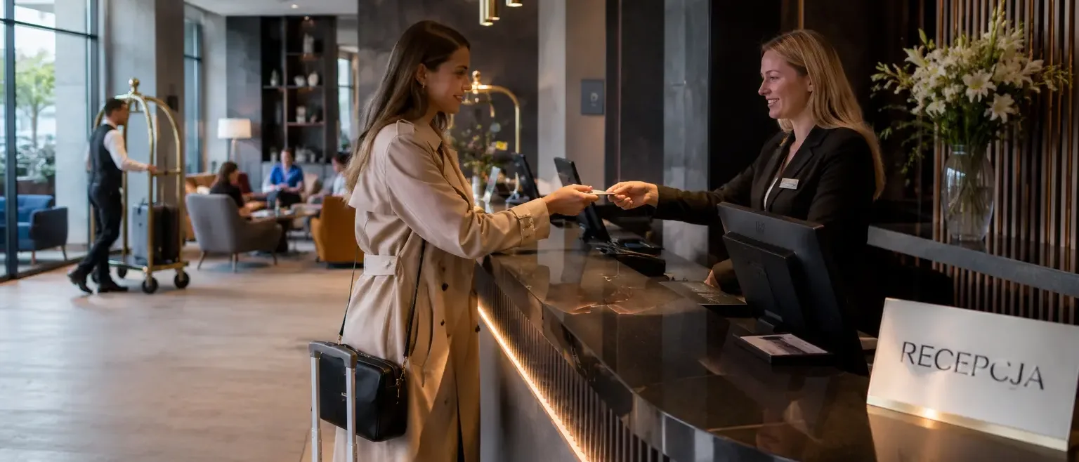 Wnętrze hotelu — recepcja i strefa gości objęte monitoringiem komfortu