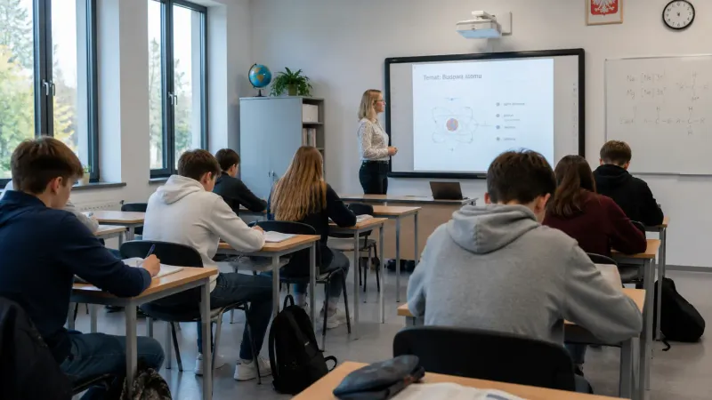 Sala lekcyjna z ławkami szkolnymi